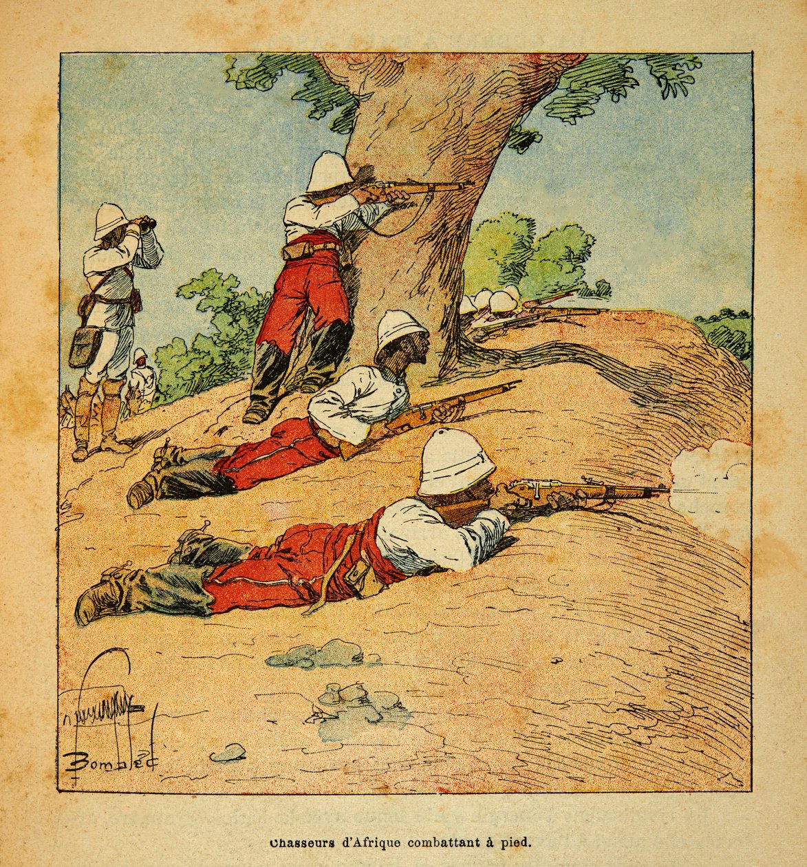 A Guerra em Madagáscar - História das Expedições Francesas de 1885-1895 por Henri Galli dit Galllichet (1854-1922), ilustrada por Louis Bombled (1862-1927): Caçadores da África lutando a pé em Madagáscar em 1895, Coleção Privada de Louis Charles Bombled