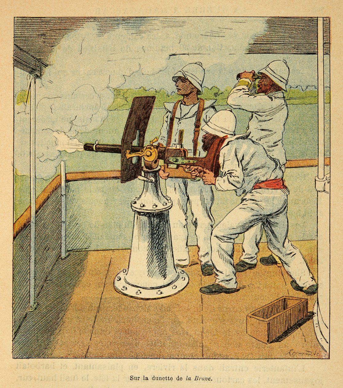 A Guerra em Madagáscar - História das Expedições Francesas de 1885-1895 por Henri Galli dit Galllichet (1854-1922), ilustrada por Louis Bombled (1862-1927): Tiro de canhão nas Hovas a bordo do canoniere "La Brave" em 1895, Coleção Particular de Louis Charles Bombled