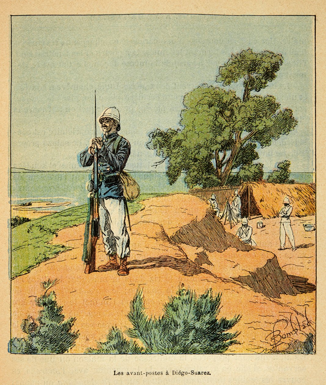 A Guerra em Madagáscar - História das Expedições Francesas de 1885-1895 por Henri Galli dit Galllichet (1854-1922), ilustrada por Louis Bombled (1862-1927): Posto avançado francês em Diego-Suarez em Madagascar em 1885, Coleção Particular de Louis Charles Bombled
