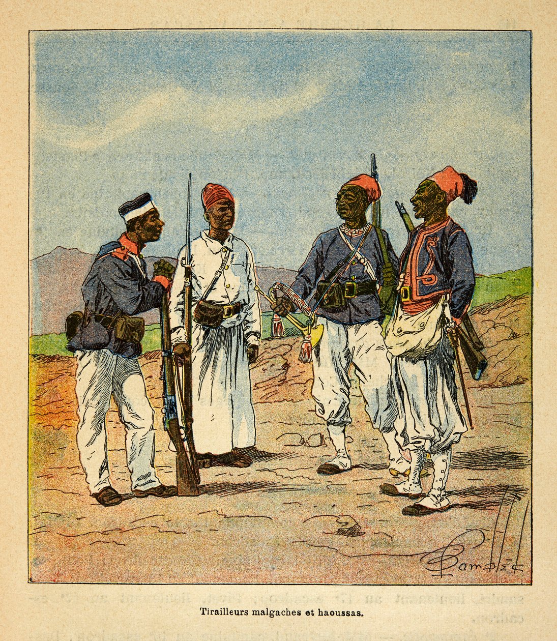 A Guerra em Madagáscar - História das Expedições Francesas de 1885-1895 por Henri Galli dit Galllichet (1854-1922), ilustrada por Louis Bombled (1862-1927): Malgaxe e Haoussas Tirailleurs, Coleção Particular de Louis Charles Bombled