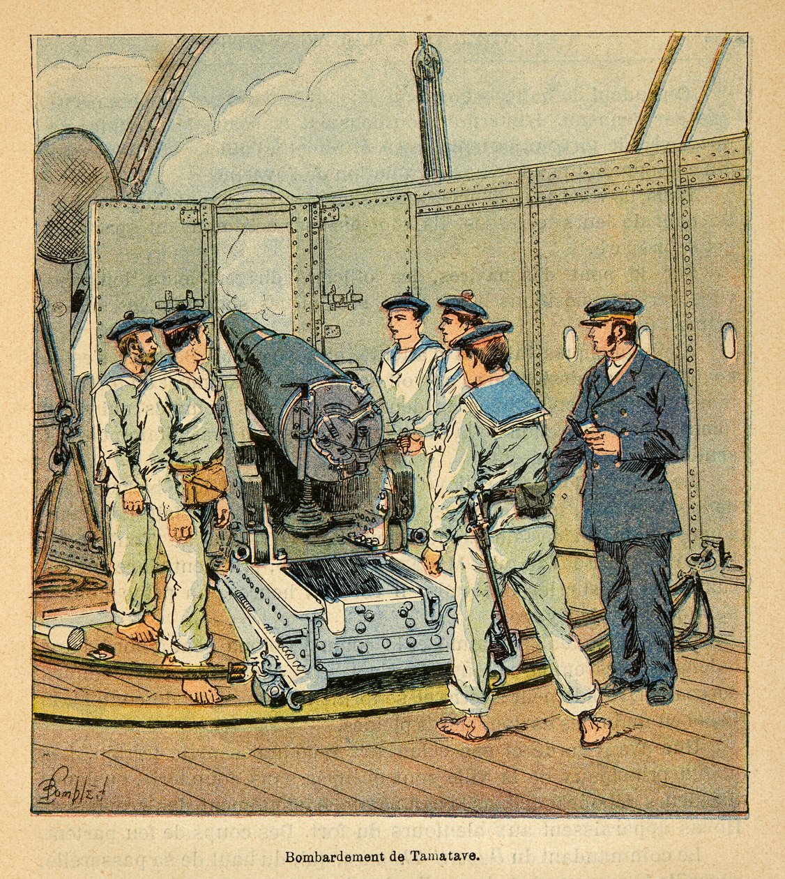 A Guerra em Madagáscar - História das Expedições Francesas de 1885-1895 por Henri Galli dit Galllichet (1854-1922), ilustrada por Louis Bombled (1862-1927): Bombardeamento de Tamatave pela Marinha Francesa, Coleção Privada de Louis Charles Bombled