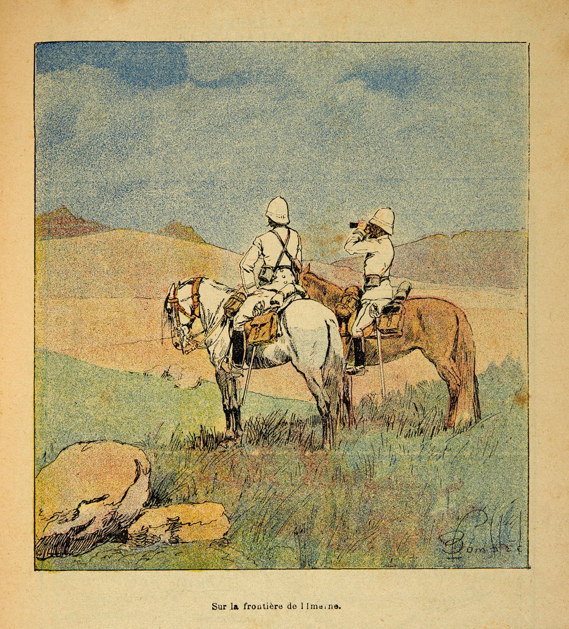 A Guerra em Madagáscar - História das Expedições Francesas de 1885-1895 por Henri Galli dit Galllichet (1854-1922), ilustrada por Louis Bombled (1862-1927): Militares em reconhecimento na fronteira de Imerne com Madagáscar em 1895, Coleção Privada de Louis Charles Bombled