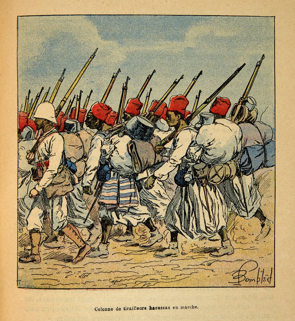 A Guerra em Madagáscar - História das Expedições Francesas de 1885-1895 por Henri Galli dit Galllichet (1854-1922), ilustrada por Louis Bombled (1862-1927): Coluna de Haoussas Tirailleurs marchando em 1895, Coleção Particular de Louis Charles Bombled