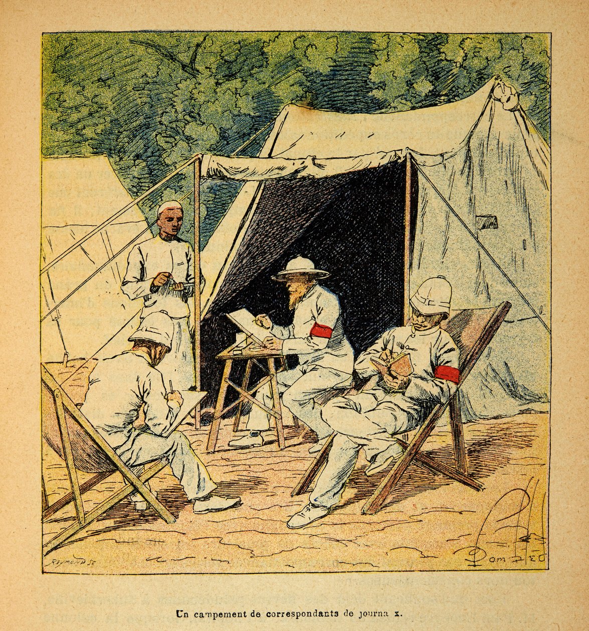 A Guerra em Madagáscar - História das Expedições Francesas de 1885-1895 por Henri Galli dit Galllichet (1854-1922), ilustrada por Louis Bombled (1862-1927): Um acampamento de correspondentes de jornais em Madagáscar em 1895, Coleção Particular de Louis Charles Bombled