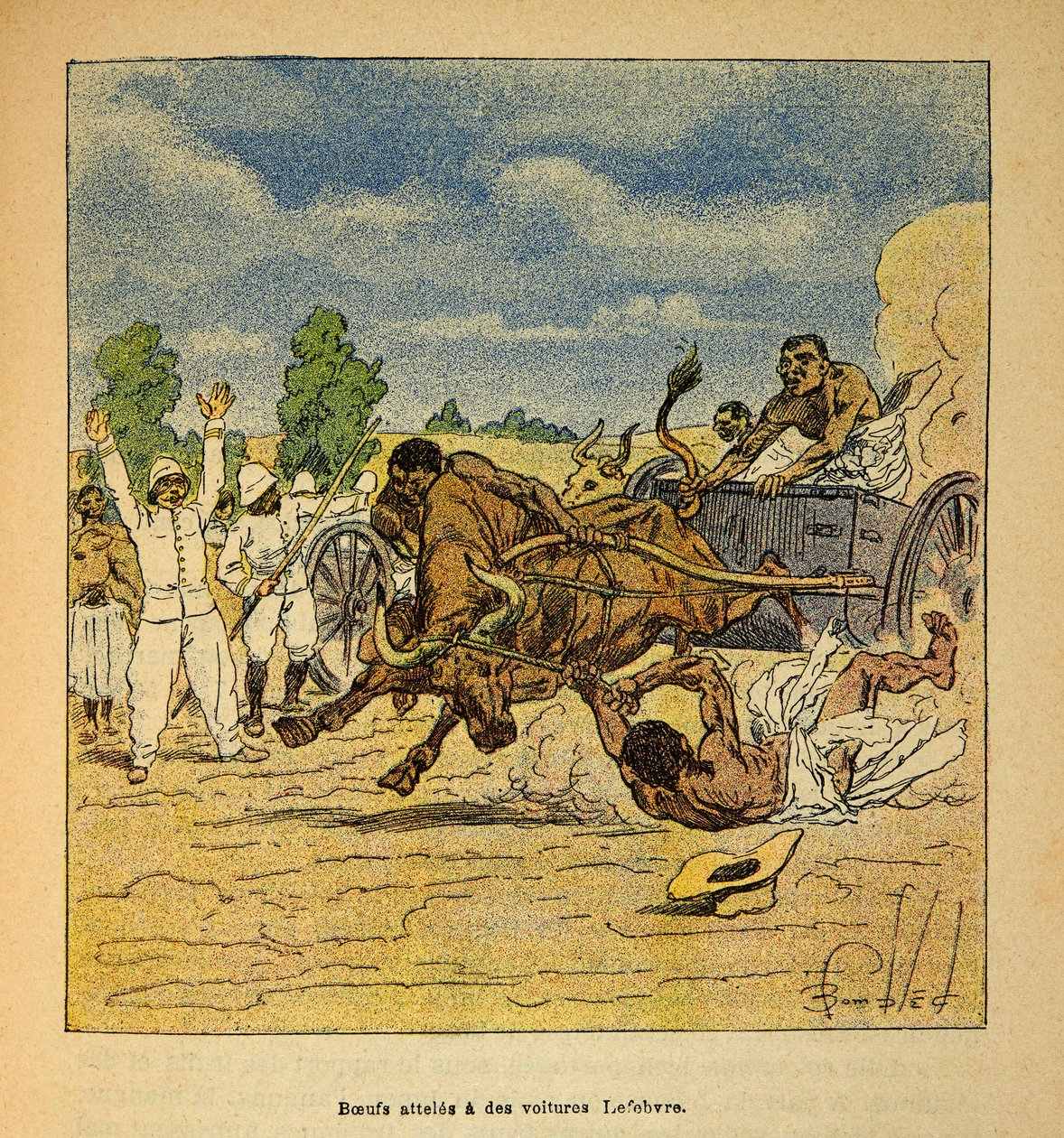 A Guerra em Madagáscar - História das Expedições Francesas de 1885-1895 por Henri Galli dit Galllichet (1854-1922), ilustrada por Louis Bombled (1862-1927): Boeufs alcançados pelos carros Lefebvre, Coleção Particular de Louis Charles Bombled