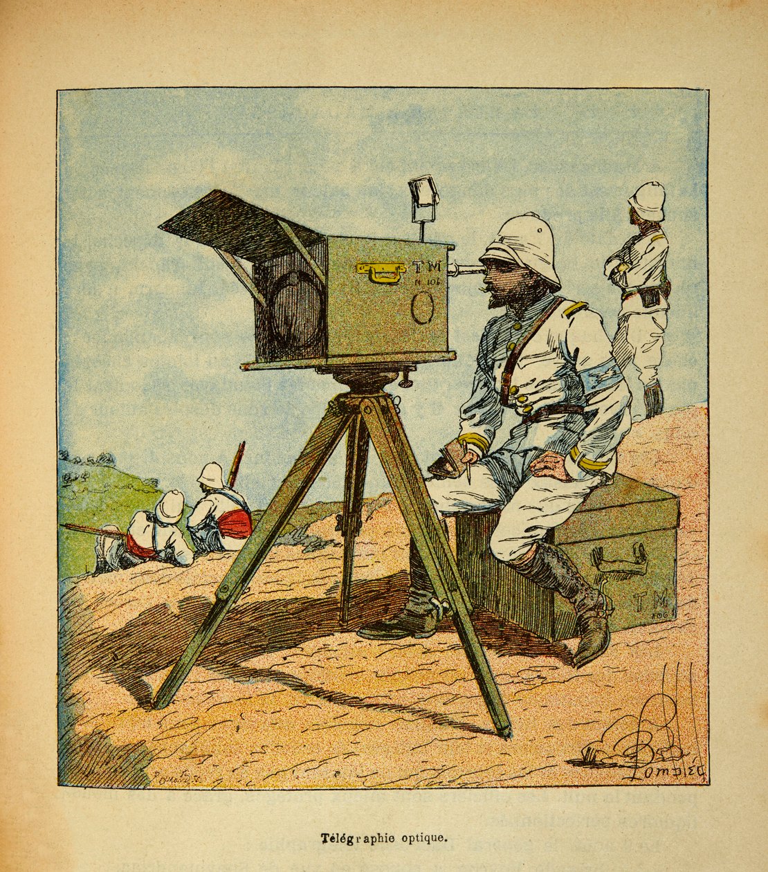 A Guerra em Madagáscar - História das Expedições Francesas de 1885-1895 por Henri Galli dit Galllichet (1854-1922), ilustrada por Louis Bombled (1862-1927): Telegrafia Óptica em 1895, Coleção Particular de Louis Charles Bombled