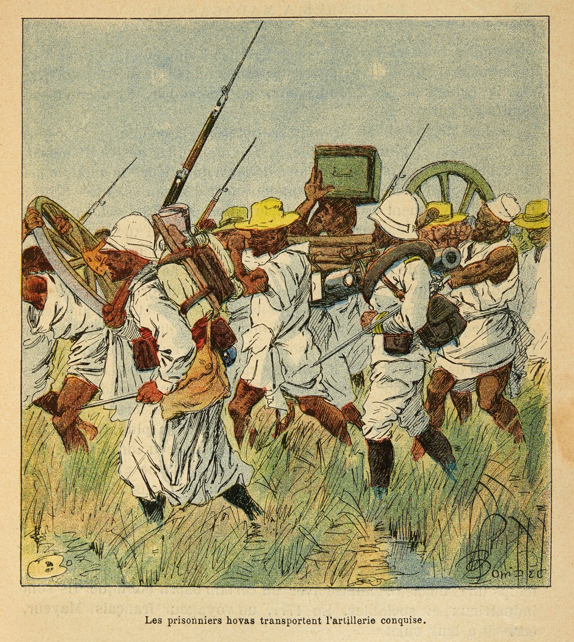 A Guerra em Madagáscar - História das Expedições Francesas de 1885-1895 por Henri Galli dit Galllichet (1854-1922), ilustrada por Louis Bombled (1862-1927): Prisioneiros Hovas usados para transportar peças de artilharia, Colecção Privada de Louis Charles Bombled