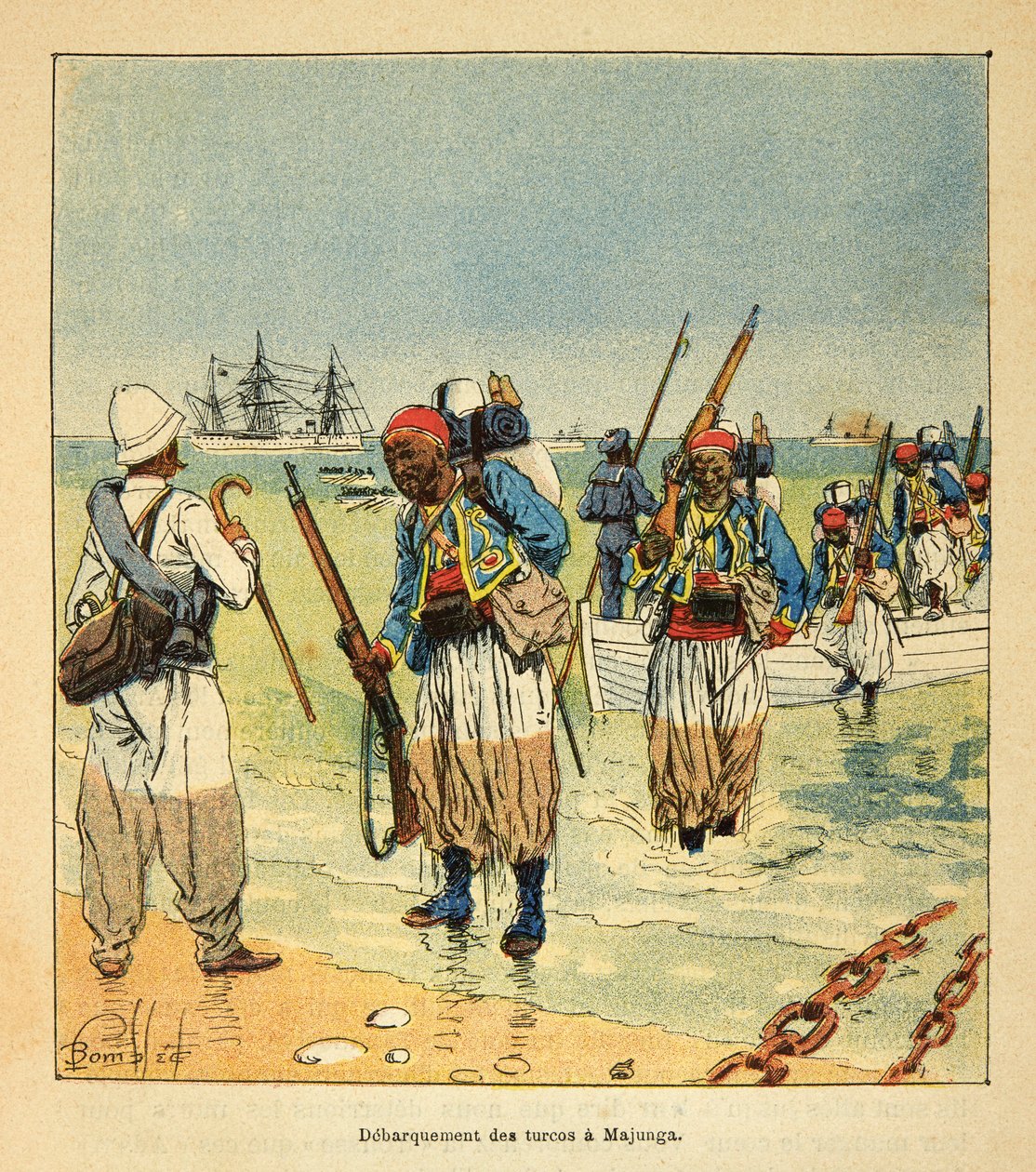 A Guerra em Madagáscar - História das Expedições Francesas de 1885-1895 por Henri Galli dit Galllichet (1854-1922), ilustrada por Louis Bombled (1862-1927): Debarquement des Turcos a Majunga, Coleção Privada de Louis Charles Bombled