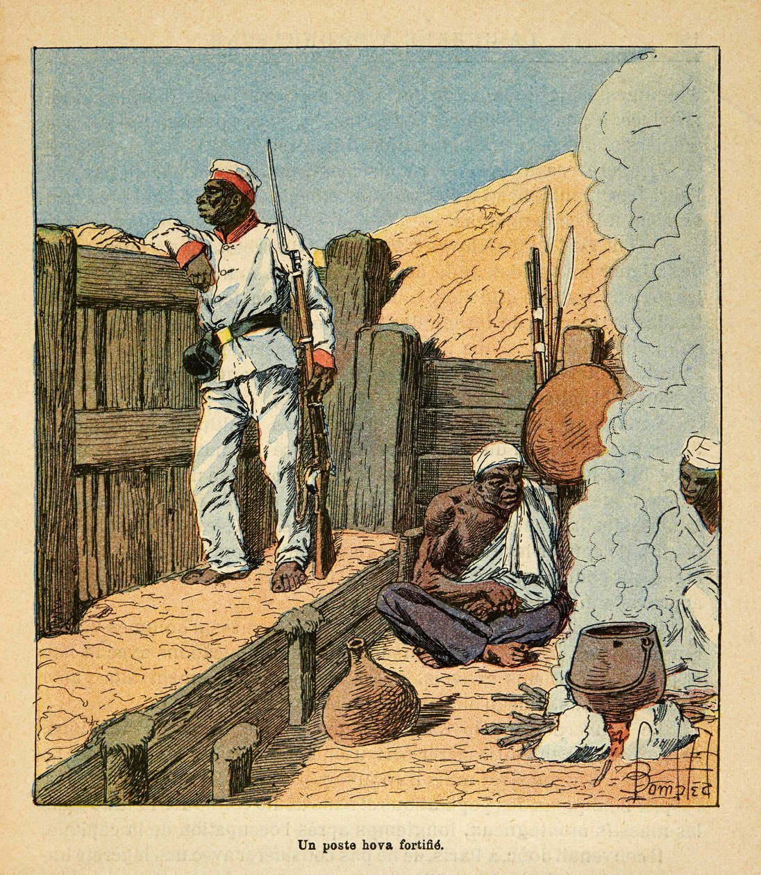 A Guerra em Madagáscar - História das Expedições Francesas de 1885-1895 por Henri Galli dit Galllichet (1854-1922), ilustrada por Louis Bombled (1862-1927): Um posto Hova fortifica, Coleção Privada de Louis Charles Bombled