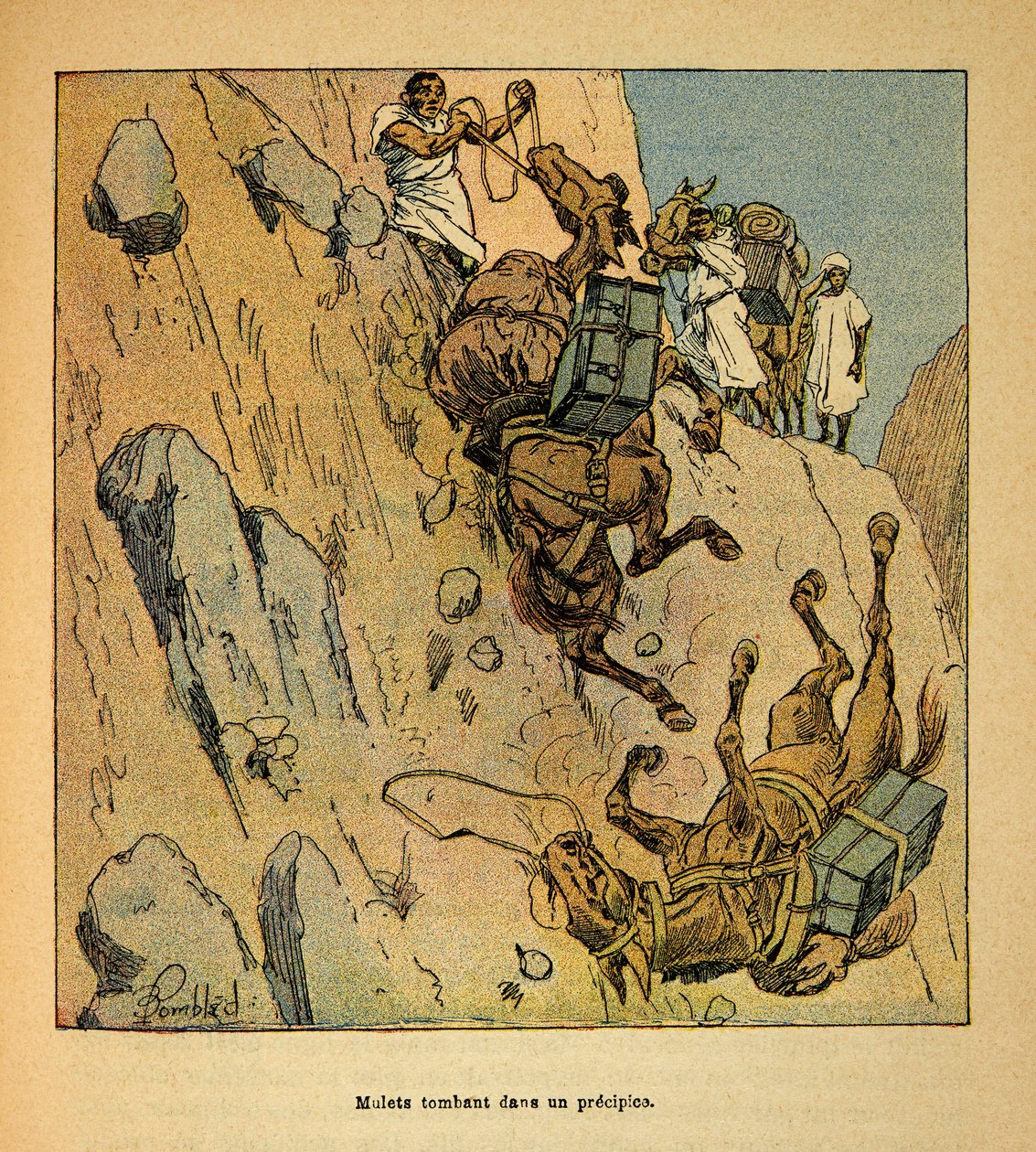 A Guerra em Madagáscar - História das Expedições Francesas de 1885-1895 por Henri Galli dit Galllichet (1854-1922), ilustrada por Louis Bombled (1862-1927): Muletos de um comboio militar caindo em um precipício, Coleção Particular de Louis Charles Bombled