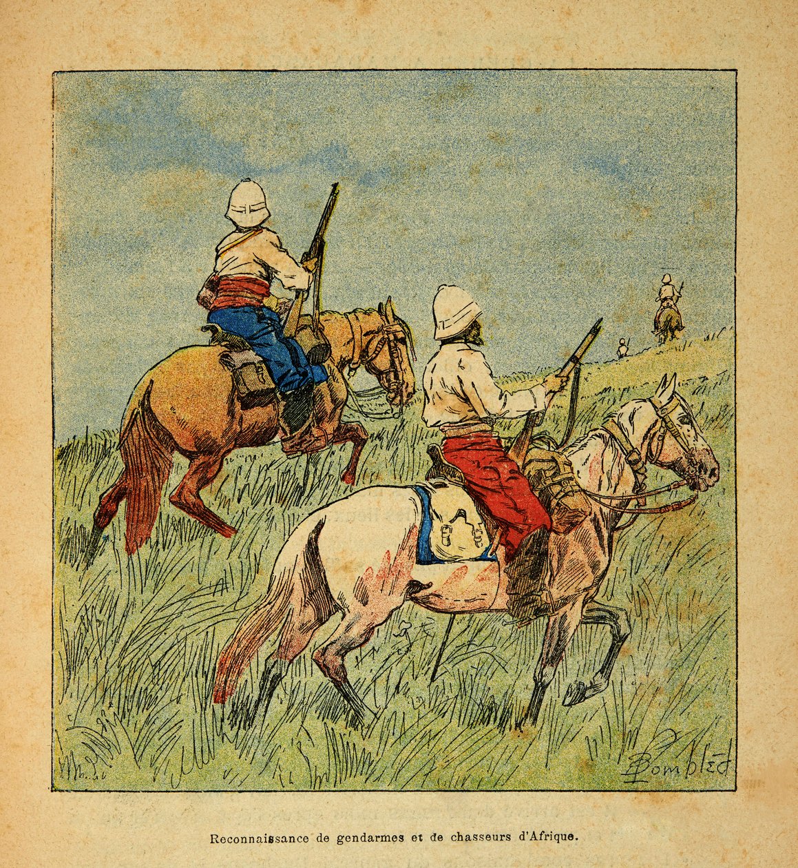 A Guerra em Madagáscar - História das Expedições Francesas de 1885-1895 por Henri Galli dit Galllichet (1854-1922), ilustrada por Louis Bombled (1862-1927): Reconhecimento de gendarmes e caçadores da África em Madagáscar em 1895, Coleção Particular de Louis Charles Bombled