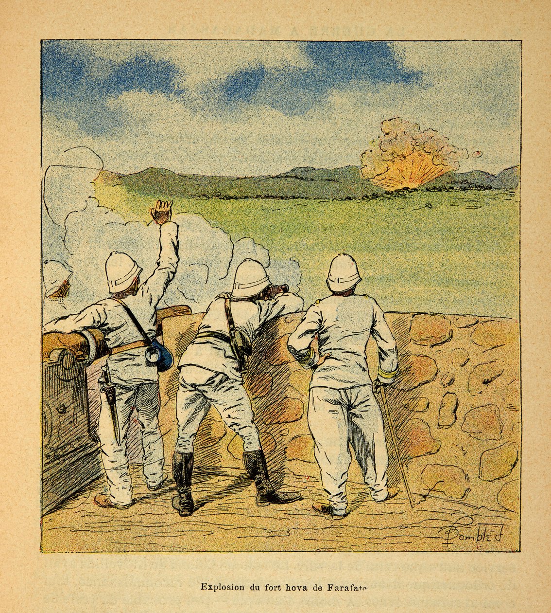 A Guerra em Madagáscar - História das Expedições Francesas de 1885-1895 por Henri Galli dit Galllichet (1854-1922), ilustrada por Louis Bombled (1862-1927): Explosão do Forte Hova em Farafate em 1895, Coleção Particular de Louis Charles Bombled