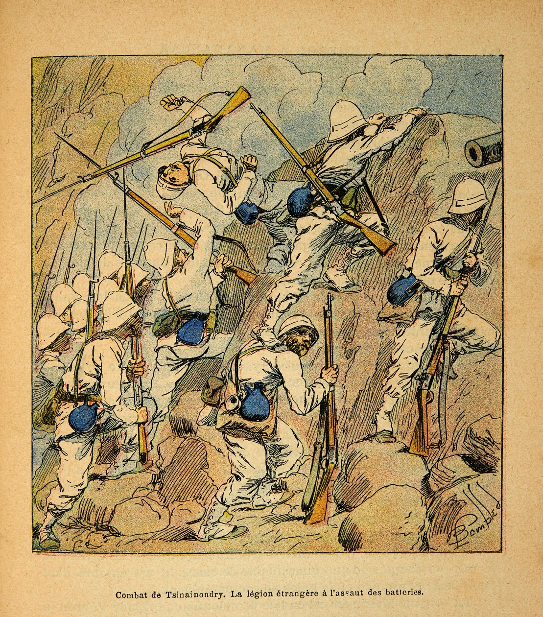 A Guerra em Madagáscar - História das Expedições Francesas de 1885-1895 por Henri Galli dit Galllichet (1854-1922), ilustrada por Louis Bombled (1862-1927): Batalha de Tsinainondry, a legião estrangeira no assalto às baterias Hovas em 1895, Pr de Louis Charles Bombled