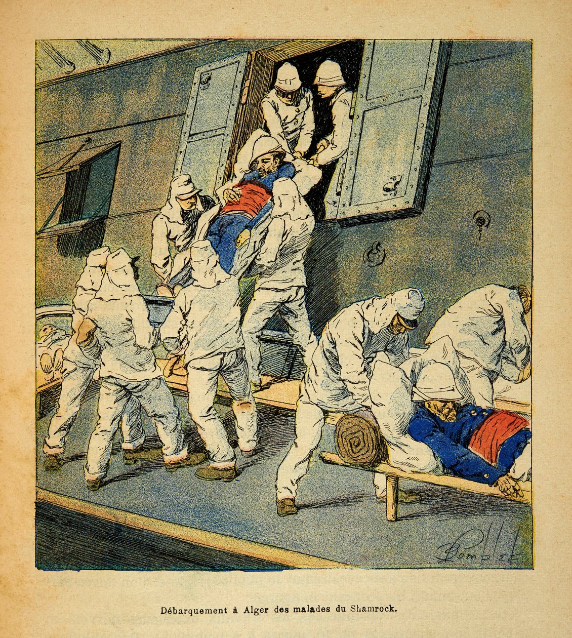A Guerra em Madagáscar - História das Expedições Francesas de 1885-1895 por Henri Galli dit Galllichet (1854-1922), ilustrada por Louis Bombled (1862-1927): Desembarque para Argel em 1895 das tropas doentes do navio hospital "Shamrock" de Ma de Louis Charles Bombled