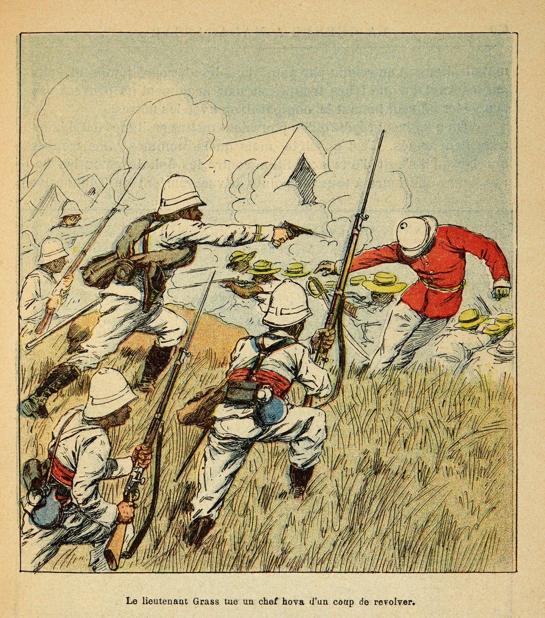 A Guerra em Madagáscar - História das Expedições Francesas de 1885-1895 por Henri Galli dit Galllichet (1854-1922), ilustrada por Louis Bombled (1862-1927): O Tenente Grss mata um chefe Hova durante as batalhas de Tsarasaotra em 1895, Private Collectio de Louis Charles Bombled