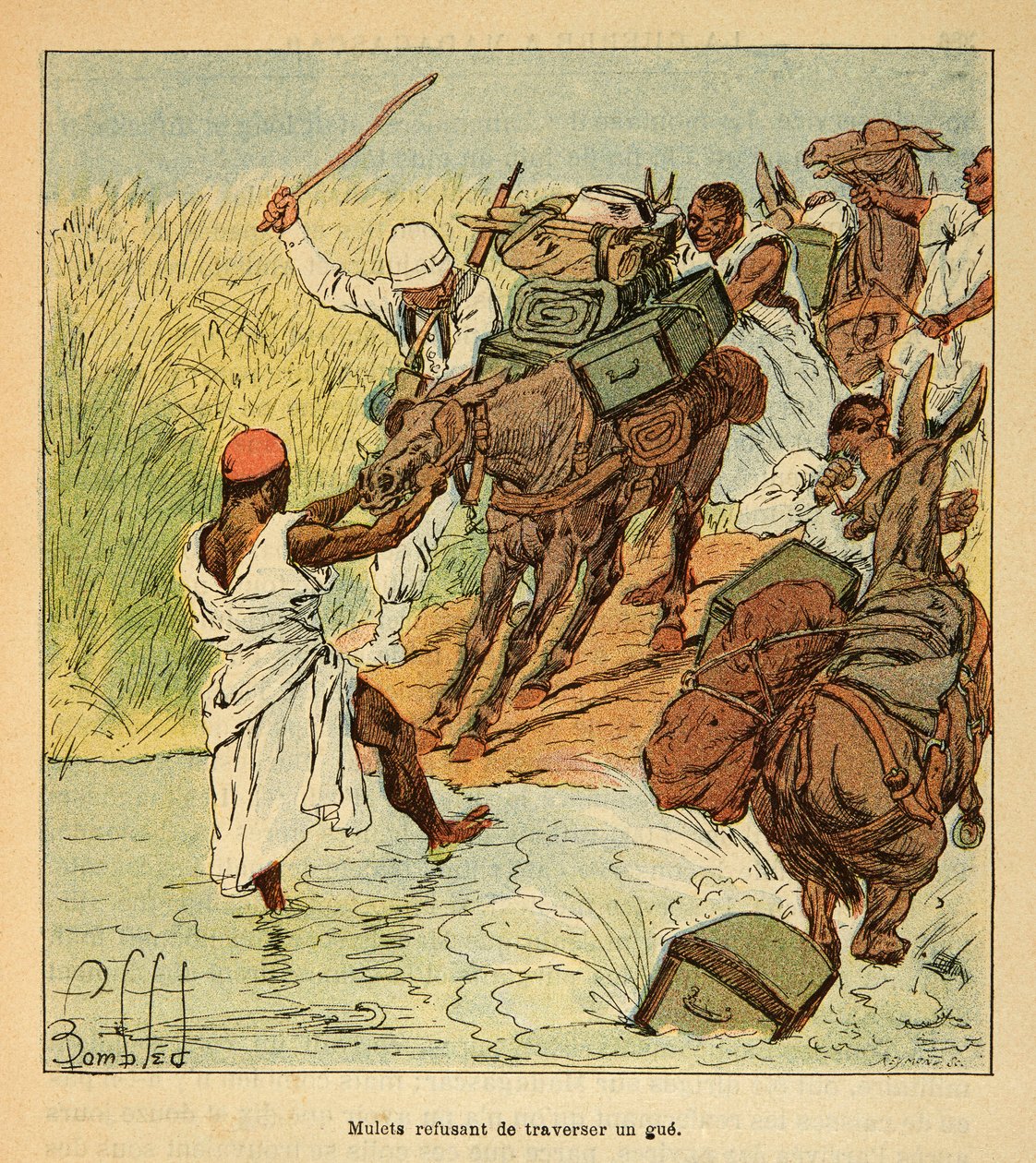 A Guerra em Madagáscar - História das Expedições Francesas de 1885-1895 por Henri Galli dit Galllichet (1854-1922), ilustrada por Louis Bombled (1862-1927): Muletos que se recusam a cruzar uma tábua durante a expedição francesa a Madagáscar em 1895, soldad de Louis Charles Bombled