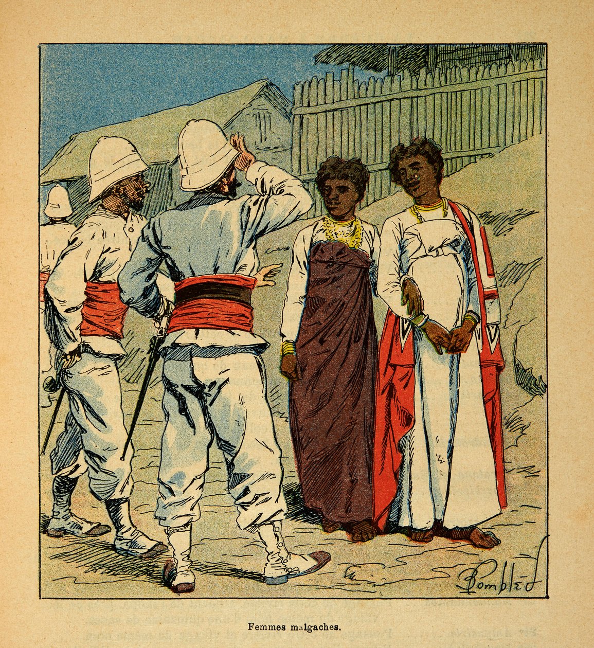 A Guerra em Madagáscar - História das Expedições Francesas de 1885-1895 por Henri Galli dit Galllichet (1854-1922), ilustrada por Louis Bombled (1862-1927): Soldados franceses simpatizando com as mulheres malgaxes, Coleção Privada de Louis Charles Bombled