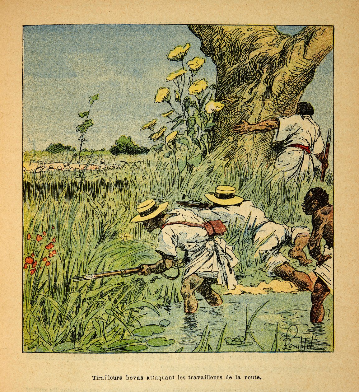 A Guerra em Madagáscar - História das Expedições Francesas de 1885-1895 por Henri Galli dit Galllichet (1854-1922), ilustrada por Louis Bombled (1862-1927): Hovas Tirailleurs atacando os militares construindo uma estrada em 1895, Coleção Privada de Louis Charles Bombled
