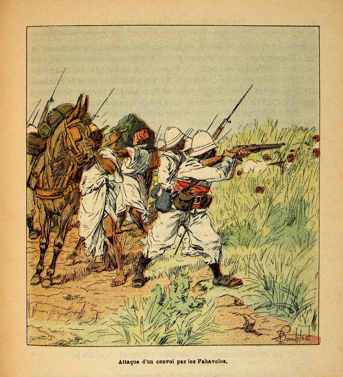 A Guerra em Madagáscar - História das Expedições Francesas de 1885-1895 por Henri Galli dit Galllichet (1854-1922), ilustrada por Louis Bombled (1862-1927): Ataque de uma escolta militar pelos Fahavolos, Coleção Privada de Louis Charles Bombled