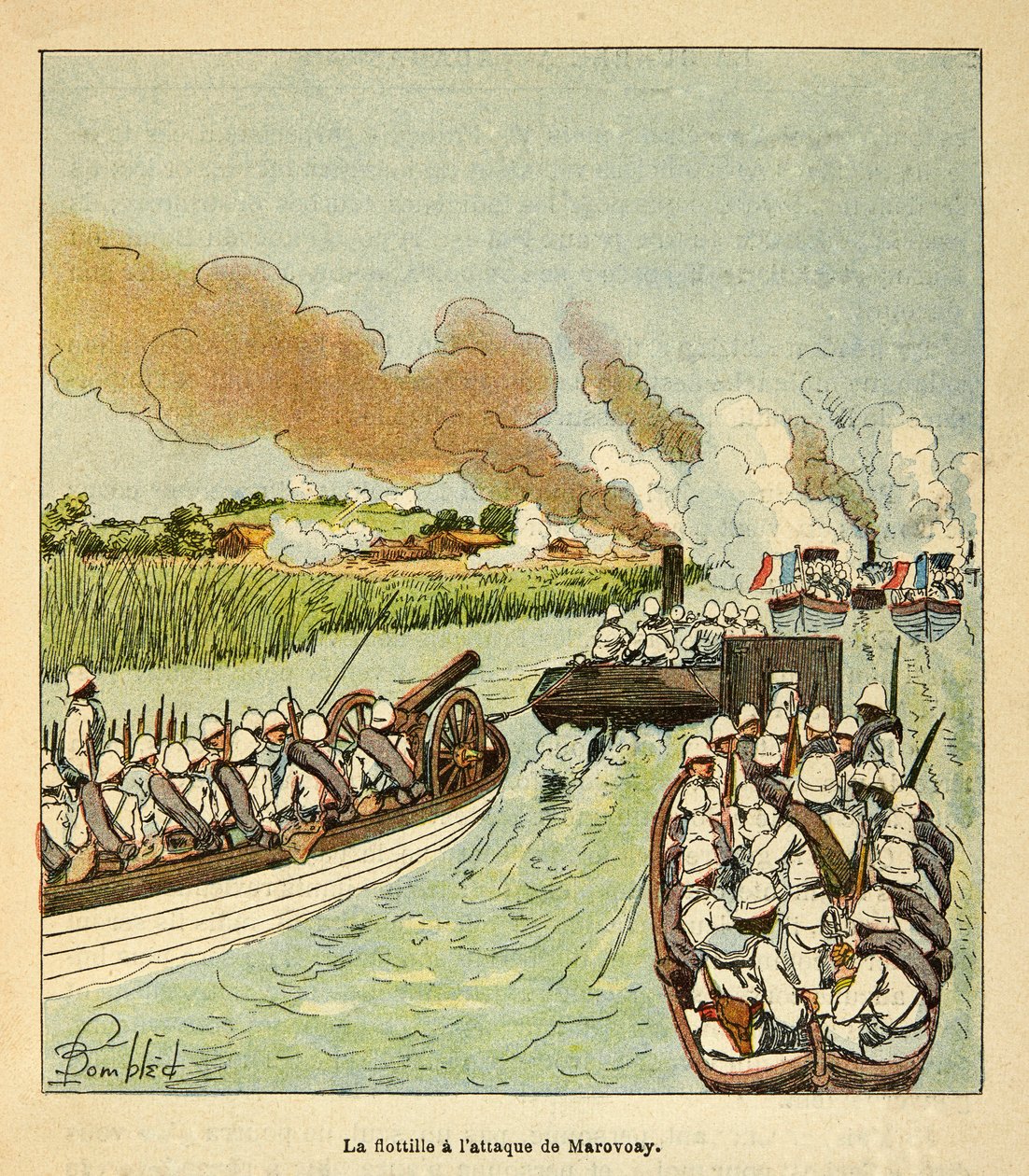 A Guerra em Madagáscar - História das Expedições Francesas de 1885-1895 por Henri Galli dit Galllichet (1854-1922), ilustrada por Louis Bombled (1862-1927): A Infantaria Marinha atacou a Cidade de Marovoay em 1895, Coleção Privada de Louis Charles Bombled