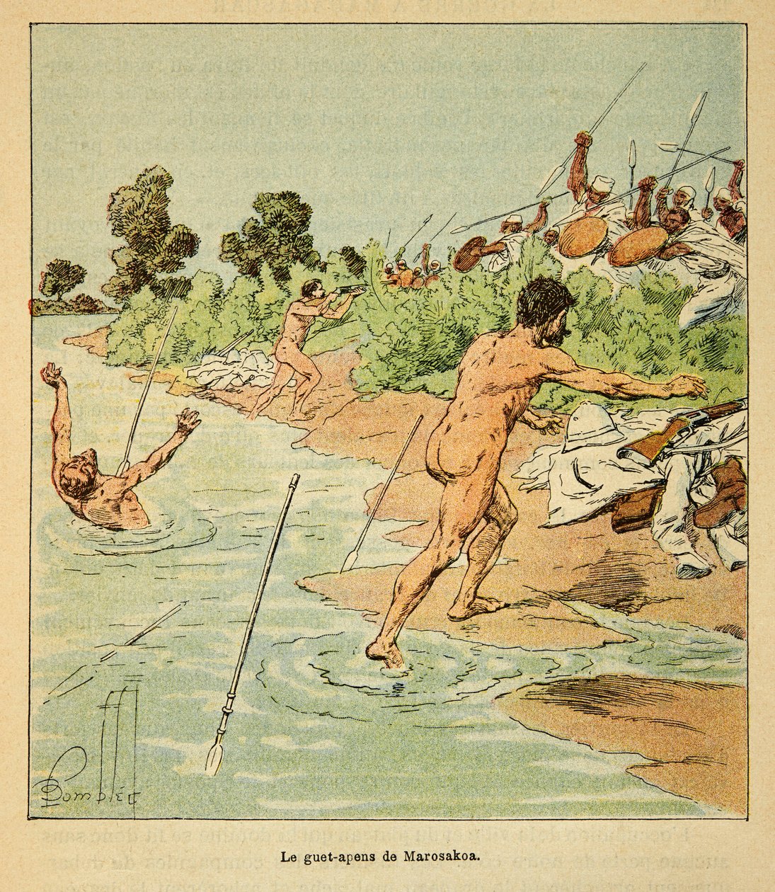 A Guerra em Madagáscar - História das Expedições Francesas de 1885-1895 por Henri Galli dit Galllichet (1854-1922), ilustrada por Louis Bombled (1862-1927): Sakalaves atacam negociadores franceses em Marosakoa em 1895, Coleção Privada de Louis Charles Bombled