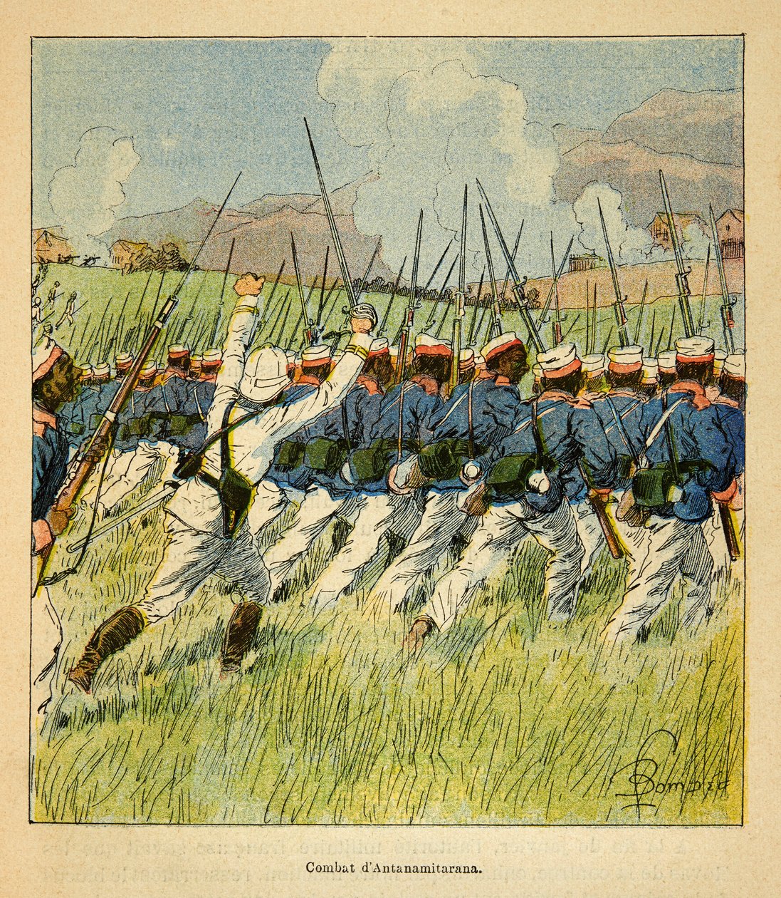 A Guerra em Madagáscar - História das Expedições Francesas de 1885-1895 por Henri Galli dit Galllichet (1854-1922), ilustrada por Louis Bombled (1862-1927): Tropas francesas durante as batalhas de Antanamitarana em 1895, coleção particular de Louis Charles Bombled
