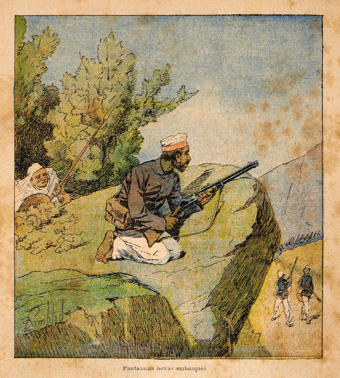 A Guerra em Madagáscar - História das Expedições Francesas de 1885-1895 por Henri Galli dit Galllichet (1854-1922), ilustrada por Louis Bombled (1862-1927): Hovas Ambushes, Colecção Privada de Louis Charles Bombled