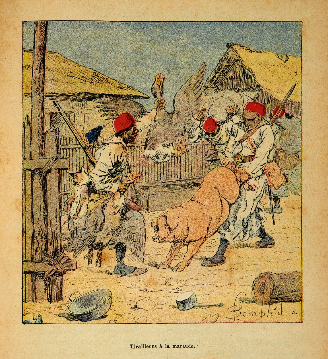 A Guerra em Madagáscar - História das Expedições Francesas de 1885-1895 por Henri Galli dit Galllichet (1854-1922), ilustrada por Louis Bombled (1862-1927): Pilhagem de Tirailleurs em Fazendas, Coleção Privada de Louis Charles Bombled