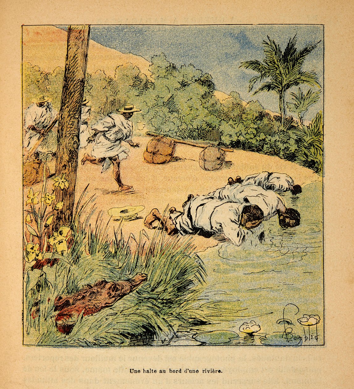 A Guerra em Madagáscar - História das Expedições Francesas de 1885-1895 por Henri Galli dit Galllichet (1854-1922), ilustrada por Louis Bombled (1862-1927): Uma parada junto ao rio em 1895, Coleção Particular de Louis Charles Bombled