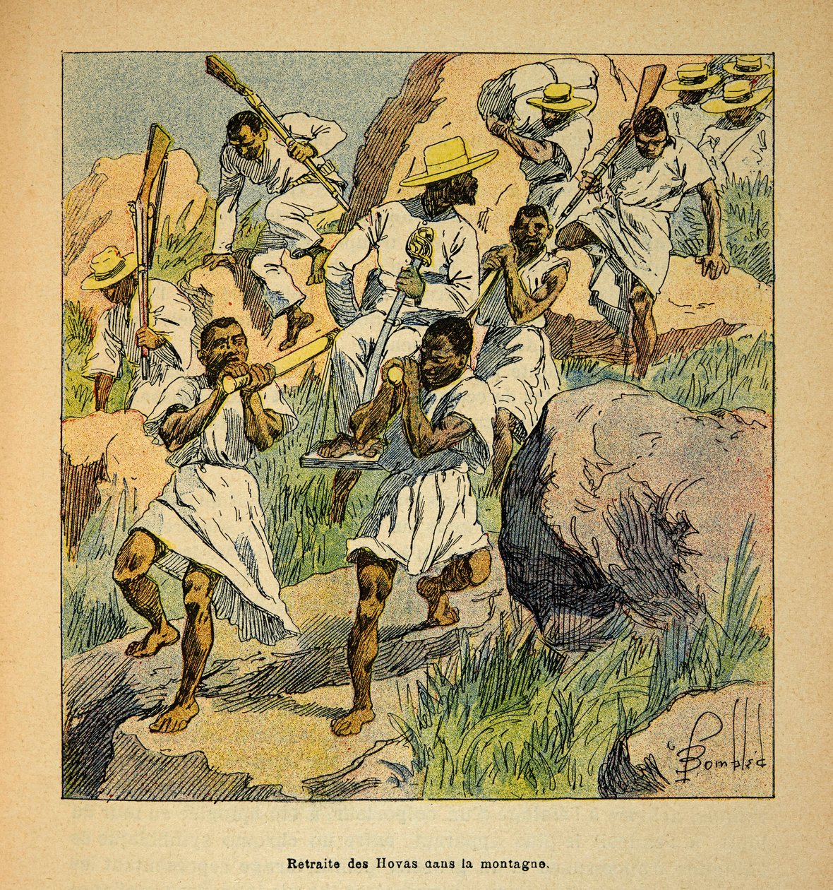 A Guerra em Madagáscar - História das Expedições Francesas de 1885-1895 por Henri Galli dit Galllichet (1854-1922), ilustrada por Louis Bombled (1862-1927): Retiro das Tropas Hovas na Serra, Colecção Privada de Louis Charles Bombled