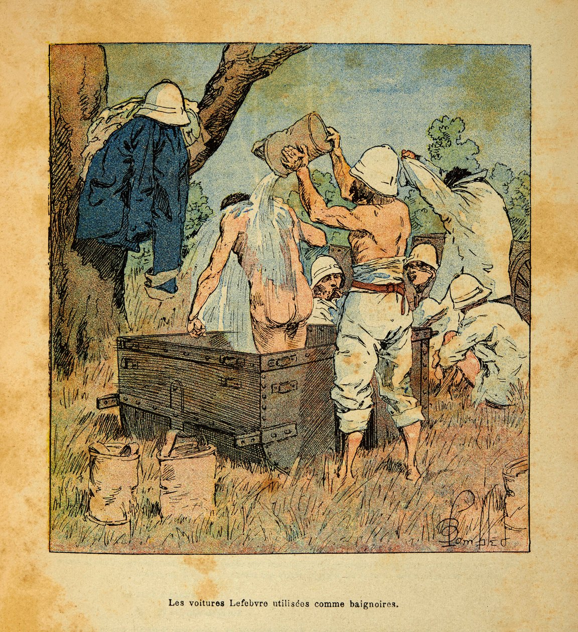 A Guerra em Madagáscar - História das Expedições Francesas de 1885-1895 por Henri Galli dit Galllichet (1854-1922), ilustrada por Louis Bombled (1862-1927): Os carros Lefebvre usados como banheira pelos soldados em 1895 em Madagáscar, Coleção Particular de Louis Charles Bombled