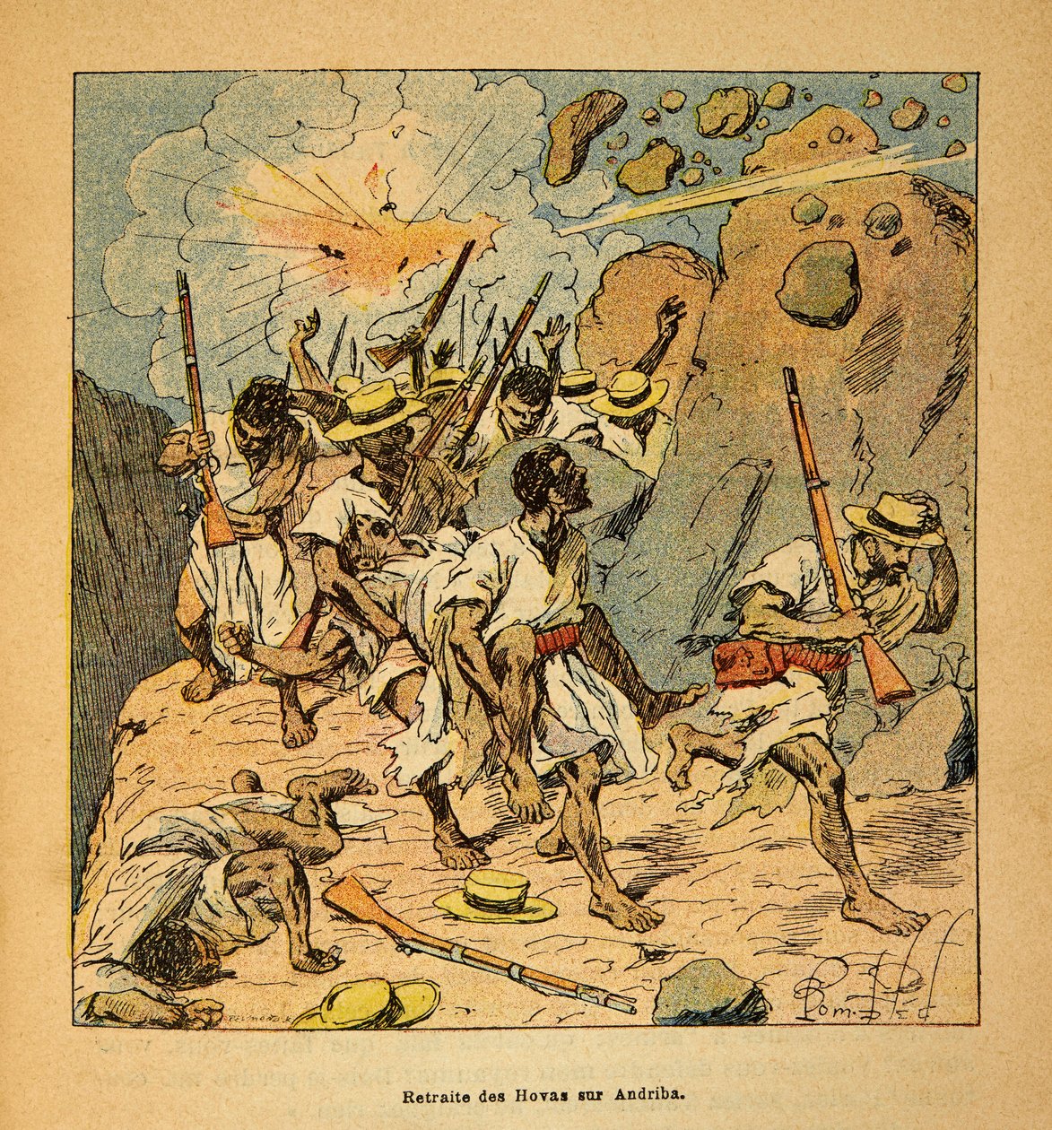 A Guerra em Madagáscar - História das Expedições Francesas de 1885-1895 por Henri Galli dit Galllichet (1854-1922), ilustrada por Louis Bombled (1862-1927): Retiro das Hovas em Andriba, Colecção Privada de Louis Charles Bombled