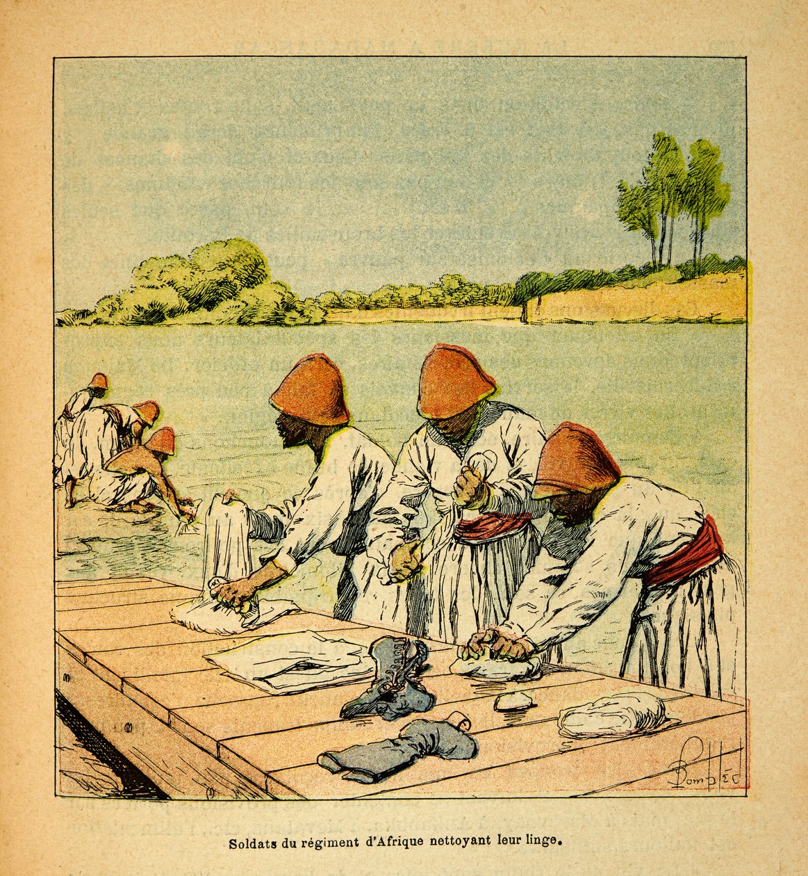 A Guerra em Madagáscar - História das Expedições Francesas de 1885-1895 por Henri Galli dit Galllichet (1854-1922), ilustrada por Louis Bombled (1862-1927): Soldados do Regimento Africano limpando a sua roupa nas margens de um rio em Madagáscar de Louis Charles Bombled