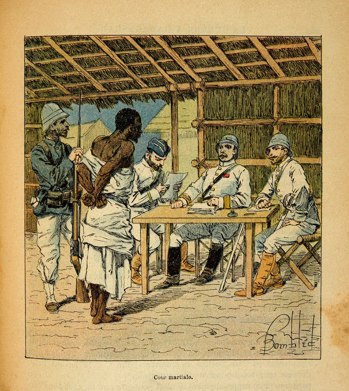 A Guerra em Madagáscar - História das Expedições Francesas de 1885-1895 por Henri Galli dit Galllichet (1854-1922), ilustrada por Louis Bombled (1862-1927): Interrogatório de um prisioneiro Hovas pelos franceses, Coleção Privada de Louis Charles Bombled