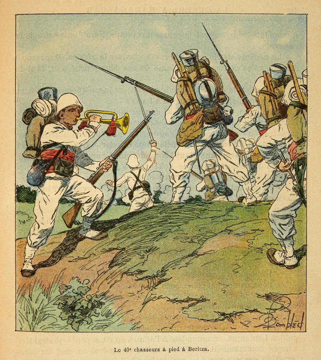 A Guerra em Madagáscar - História das Expedições Francesas de 1885-1895 por Henri Galli dit Galllichet (1854-1922), ilustrada por Louis Bombled (1862-1927): Os 40 Caçadores a Pé durante a Luta em Beritza em 1895, Coleção Privada de Louis Charles Bombled