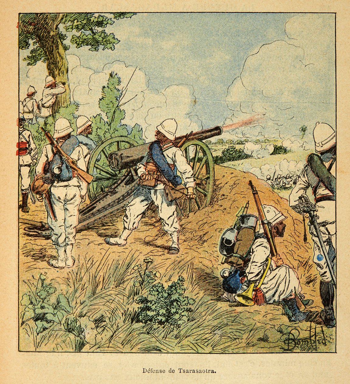 A Guerra em Madagáscar - História das Expedições Francesas de 1885-1895 por Henri Galli dit Galllichet (1854-1922), ilustrada por Louis Bombled (1862-1927): Defesa de Tsarasaotra em 1895, Coleção Privada de Louis Charles Bombled
