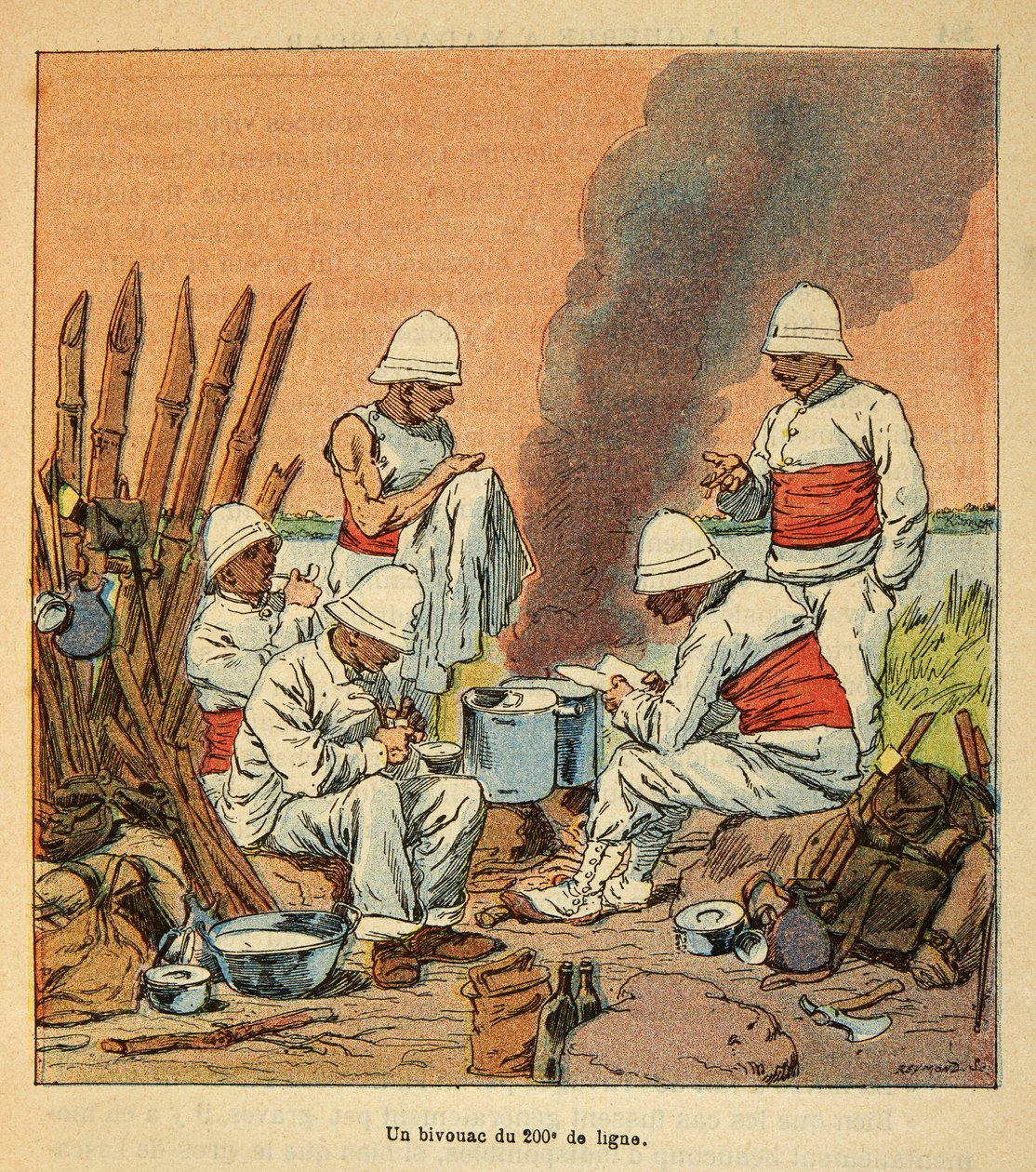 A Guerra em Madagáscar - História das Expedições Francesas de 1885-1895 por Henri Galli dit Galllichet (1854-1922), ilustrada por Louis Bombled (1862-1927): Um bivaque da 200ª linha em Madagáscar em 1895, Coleção Particular de Louis Charles Bombled