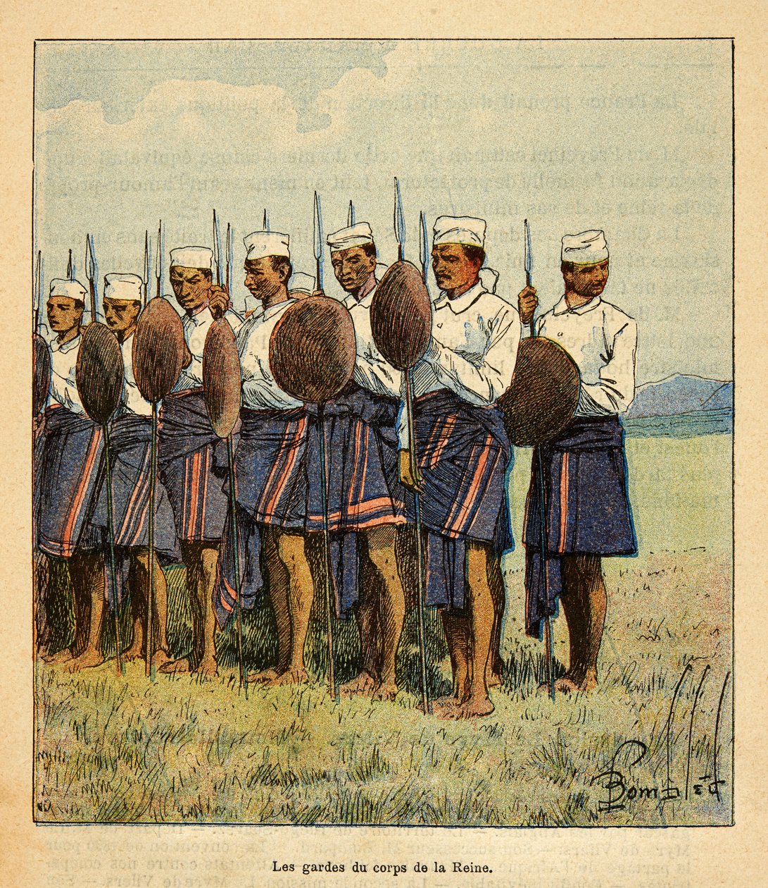A Guerra em Madagáscar - História das Expedições Francesas de 1885-1895 por Henri Galli dit Galllichet (1854-1922), ilustrada por Louis Bombled (1862-1927): Guardas da Rainha Ranavalona, Coleção Privada de Louis Charles Bombled