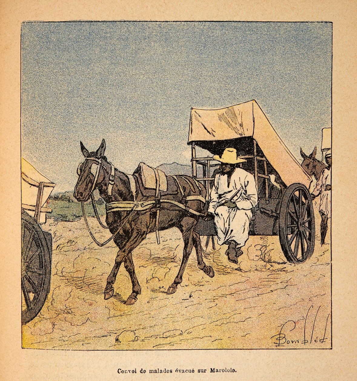 A Guerra em Madagáscar - História das Expedições Francesas de 1885-1895 por Henri Galli dit Galllichet (1854-1922), ilustrada por Louis Bombled (1862-1927): Comboio de Fugas Doentes em Marololo, Coleção Particular de Louis Charles Bombled