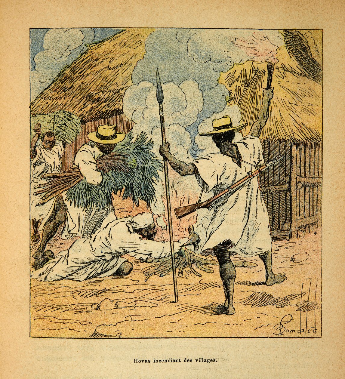 A Guerra em Madagáscar - História das Expedições Francesas de 1885-1895 por Henri Galli dit Galllichet (1854-1922), ilustrada por Louis Bombled (1862-1927): Hovas queimando aldeias, Colecção Privada de Louis Charles Bombled