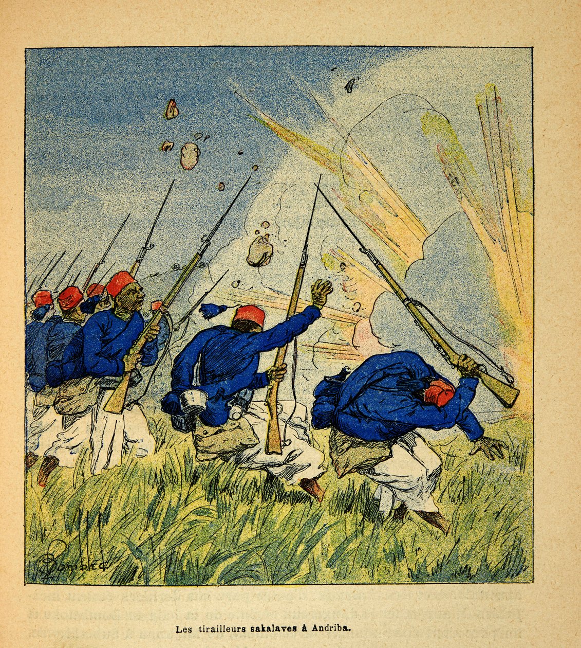 A Guerra em Madagáscar - História das Expedições Francesas de 1885-1895 por Henri Galli dit Galllichet (1854-1922), ilustrada por Louis Bombled (1862-1927): Os Tirailleurs Sakalave durante a Luta em Andriba em 1895, Coleção Privada de Louis Charles Bombled
