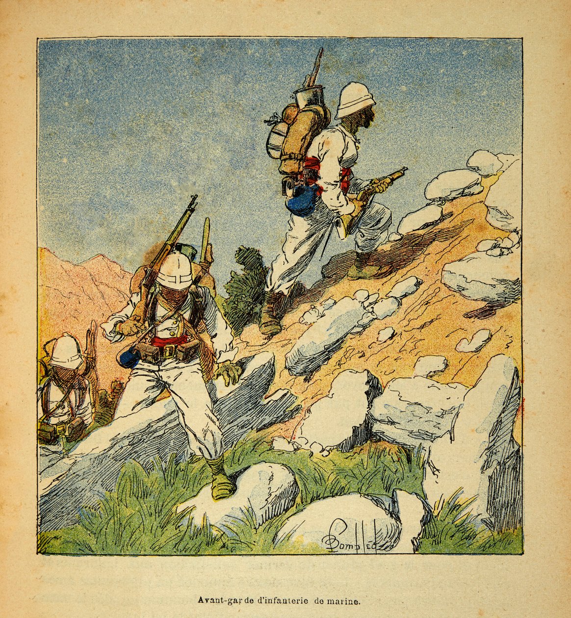 A Guerra em Madagáscar - História das Expedições Francesas de 1885-1895 por Henri Galli dit Galllichet (1854-1922), ilustrada por Louis Bombled (1862-1927): Avant-garde da infantaria em Madagáscar em 1895, Coleção Particular de Louis Charles Bombled