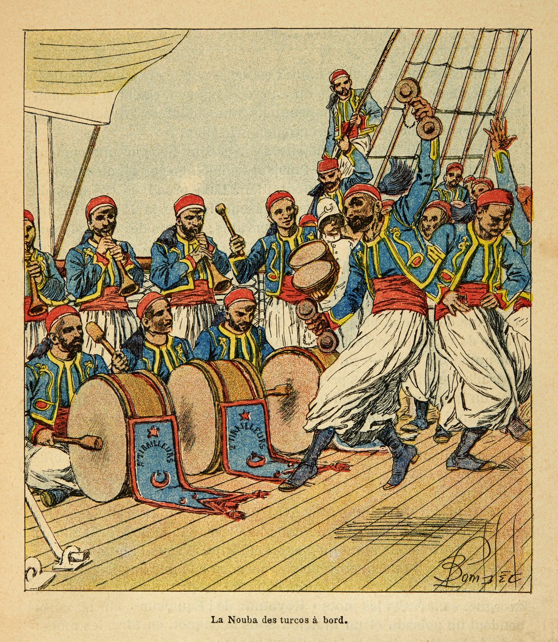 A Guerra em Madagáscar - História das Expedições Francesas de 1885-1895 por Henri Galli dit Galllichet (1854-1922), ilustrada por Louis Bombled (1862-1927): La nouba des turcos a bordo do navio que navega para Madagáscar, Coleção Particular de Louis Charles Bombled