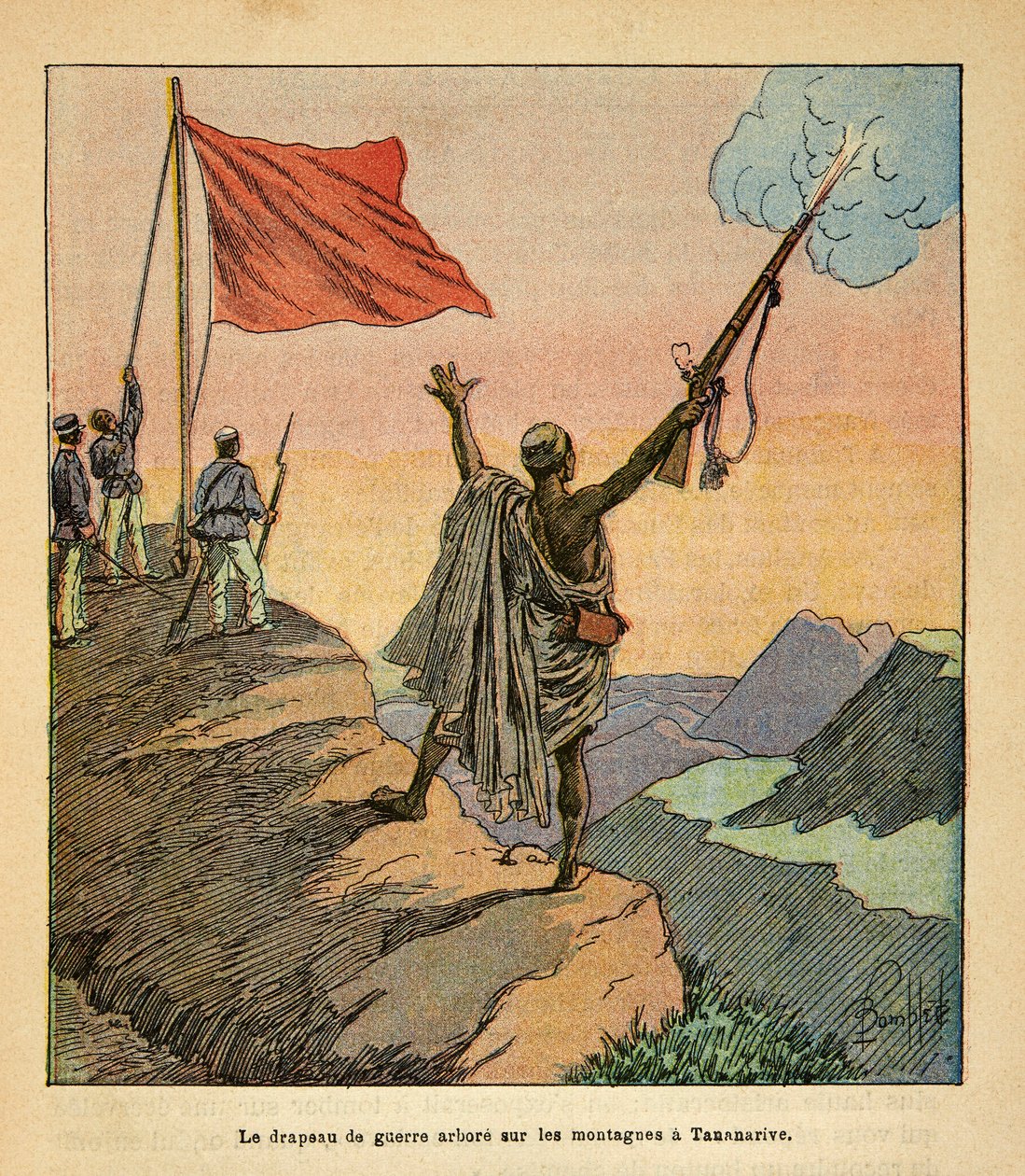 A Guerra em Madagáscar - História das Expedições Francesas de 1885-1895 por Henri Galli dit Galllichet (1854-1922), ilustrada por Louis Bombled (1862-1927): A fábrica da Bandeira Vermelha da Guerra Vermelha malgaxe nas montanhas Tananarive, Coleção Privada de Louis Charles Bombled
