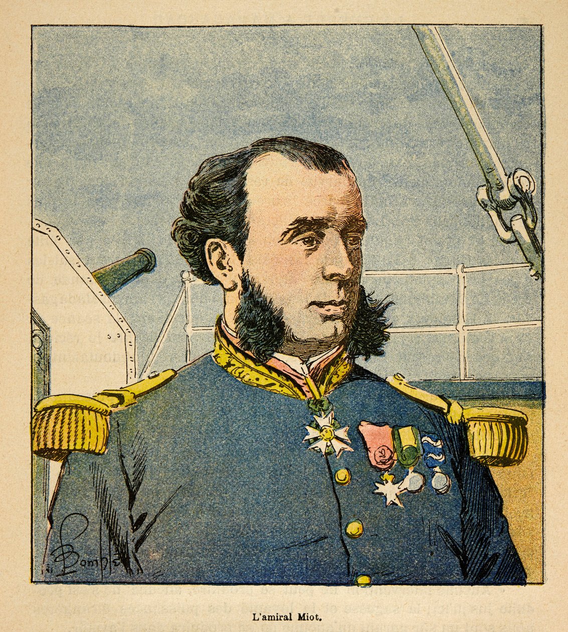 A Guerra em Madagáscar - História das Expedições Francesas de 1885-1895 por Henri Galli dit Galllichet (1854-1922), ilustrada por Louis Bombled (1862-1927): Retrato do Almirante Paul Emile Miot (1827-1900), Coleção Particular de Louis Charles Bombled