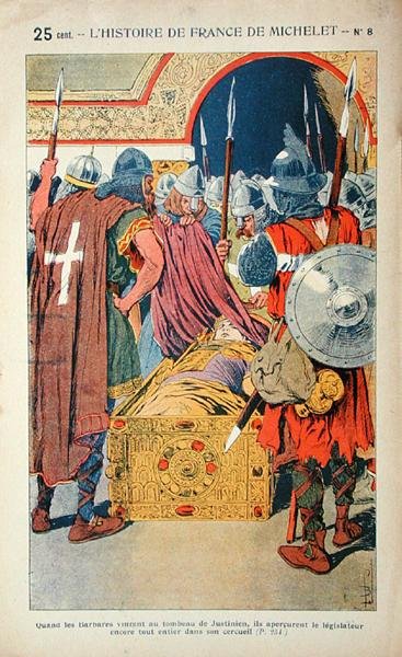 A descoberta do corpo mumificado do imperador Justiniano (483-565) durante a tomada de Constantinopla pelos cruzados em 1204, ilustração de 