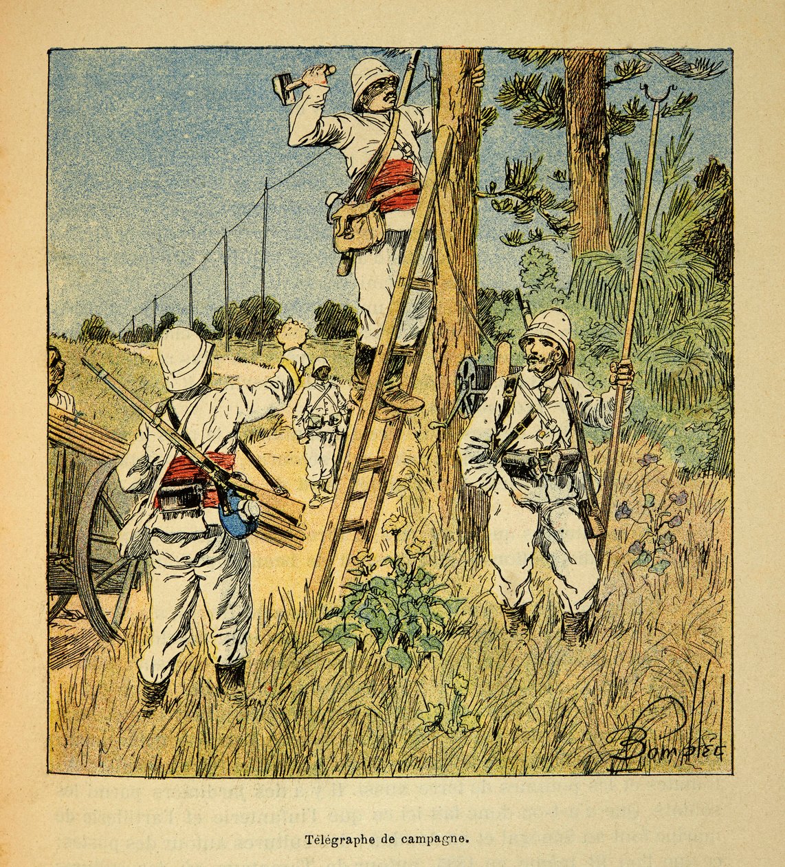 A guerra em Madagáscar - história das expedições francesas de 1885-1895 por Henri Galli dit Galllichet (1854-1922), ilustrada por Louis Bombled (1862-1927): Implementação da campanha telegráfica pelos militares em Madagáscar em 1895, colisão privada de Louis Charles Bombled