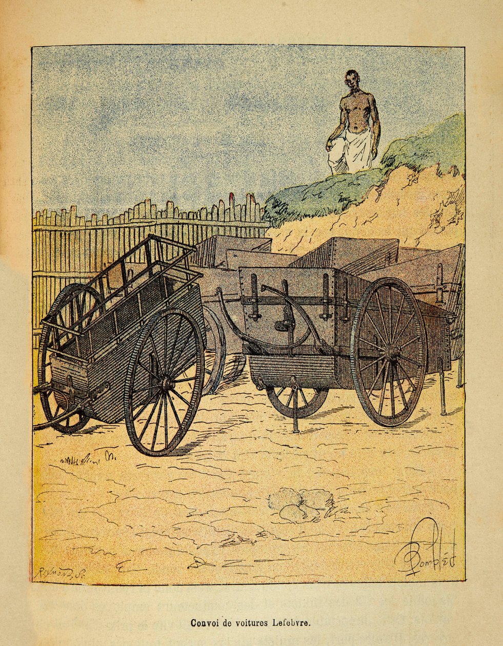 A guerra em Madagáscar - história das expedições francesas de 1885-1895 por Henri Galli dit Galllichet (1854-1922), ilustrada por Louis Bombled (1862-1927): Caravana de carros que Lefebvre utiliza para o abastecimento de tropas, Recolha privada de Louis Charles Bombled