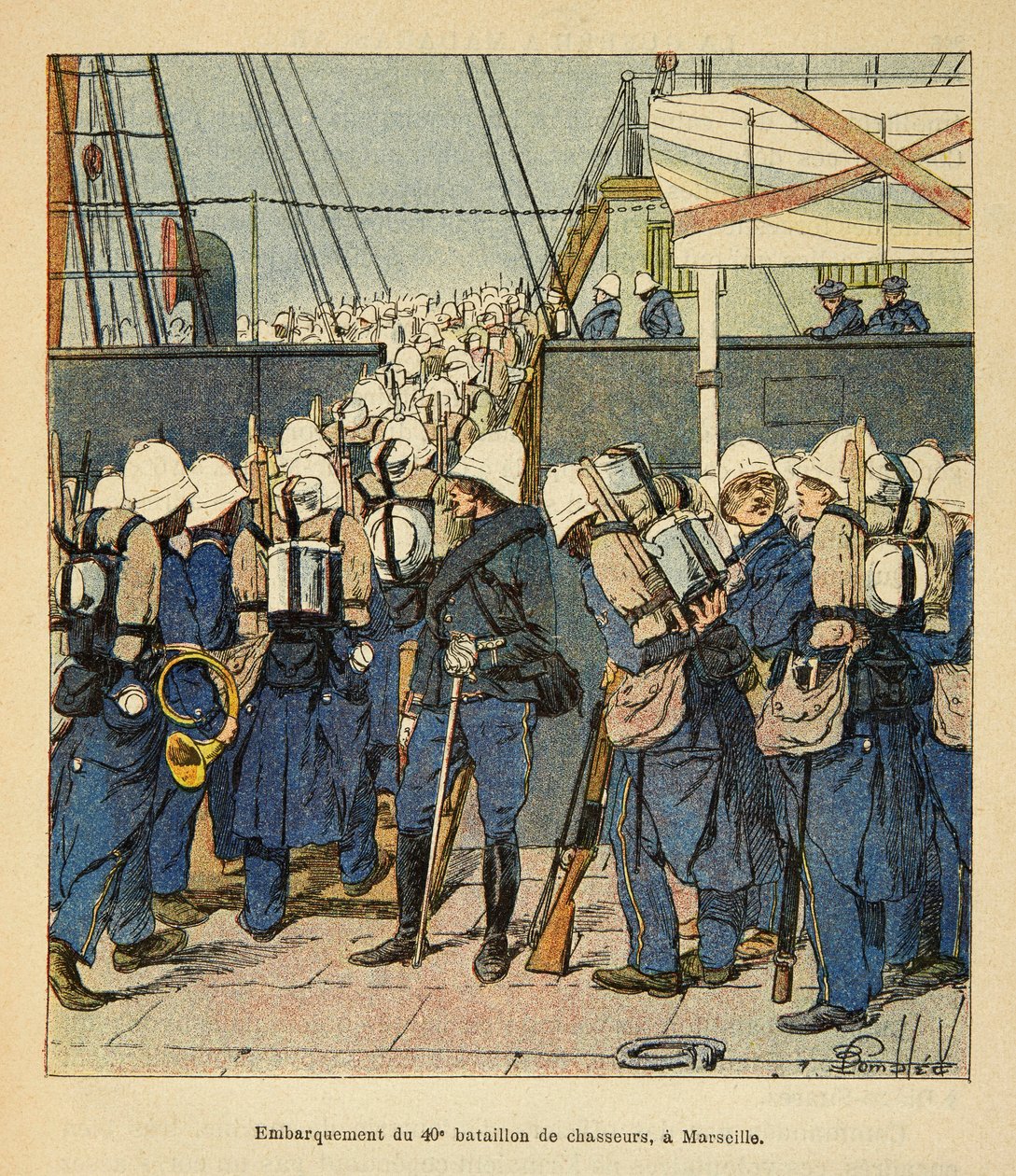 A guerra em Madagáscar - história das expedições francesas de 1885-1895 por Henri Galli dit Galllichet (1854-1922), ilustrada por Louis Bombled (1862-1927): Embarque do 40º batalhão de caças em Marselha para Madasgascar em 1895, soldado raso de Louis Charles Bombled