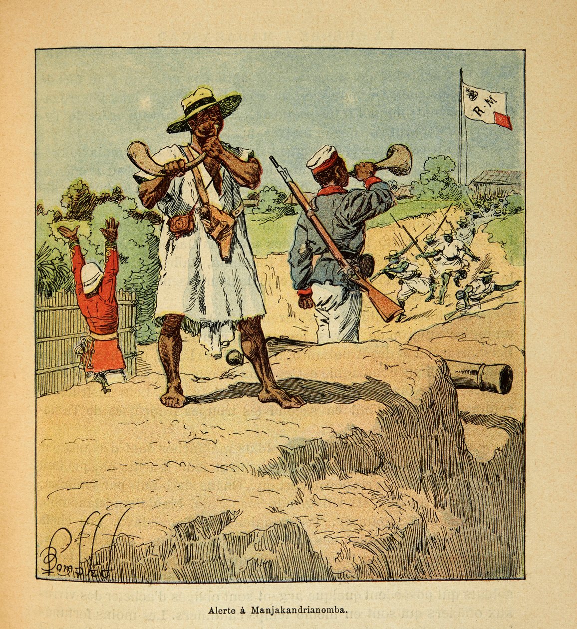 A guerra em Madagáscar - história das expedições francesas de 1885-1895 por Henri Galli dit Galllichet (1854-1922), ilustrada por Louis Bombled (1862-1927): Tropas malgaxes em alerta em Manjakandrianomba na chegada das tropas francesas em 1895, Priva de Louis Charles Bombled